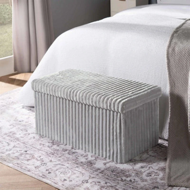 Image of OHS OHS Storage Box Lid Ottoman Folding Ribbed Fleece Footstool Tub in Light Grey Light Grey One Size Unisex 5027434217014