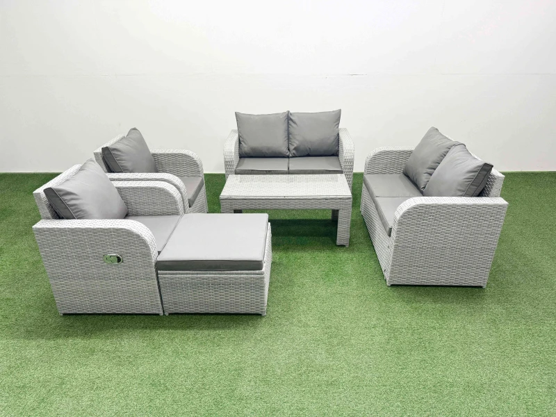 Image of Fimous 7 Seater Outdoor Reclining Chair Love Sofa Set Rattan Garden Furniture Set with Oblong Coffee Table Footstool Light Grey Light Grey