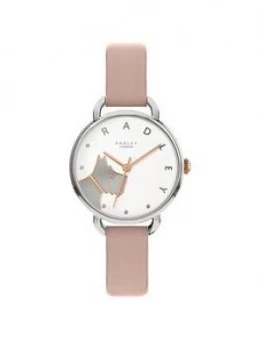 image of Radley Wood Street White And Silver Detail Dog Dial Blush Leather Strap Ladies Watch