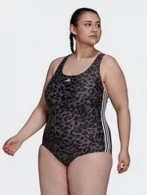 Image of adidas Sh3.ro Summerglow 3-stripes Swimsuit (plus Size), Grey/White, Size 1X, Women