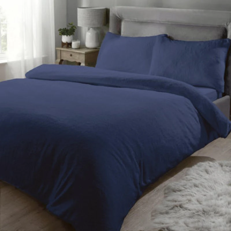 Image of Rapport Teddy Fleece Soft Double Duvet Cover Bedding Set Navy Blue