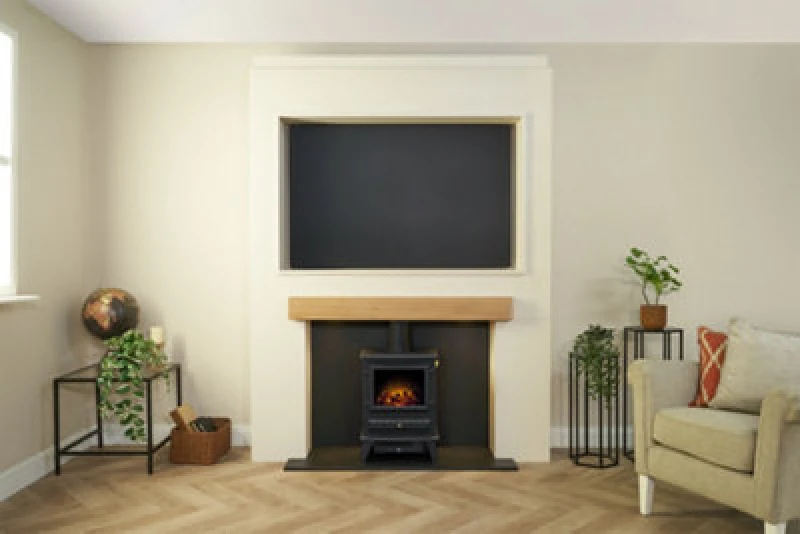 Image of Acantha Pre-Built Stove Media Wall 2 With TV Recess & Hudson Electric Stove In Black