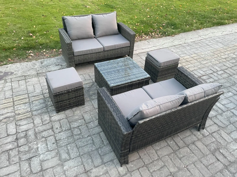 Image of Fimous Rattan Garden Furniture Set 5 piece Patio Rattan Furniture Sofa Weaving Wicker includes 2 Double Seat Sofa, Coffee Table & 2 Small Footstools D