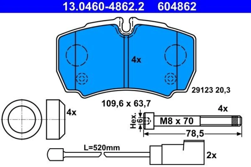 Image of ATE 13.0460-4862.2 Brake pad set incl. wear warning contact, with accessories, with brake caliper screws Brake Pad Set,disc brake (402)