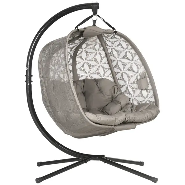 Image of Outsunny Outdoor Double Hanging Chair, Swing Chair with Metal Stand, Thick Padded Cushion, Foldable Basket Cup Holders for Indoor Outdoor, Sand Brown