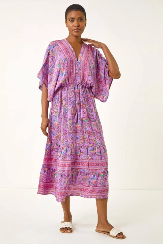 Image of Roman Womens Paisley Print V-Neck Midi Dress in Lilac Size: 16 Lilac Female 16