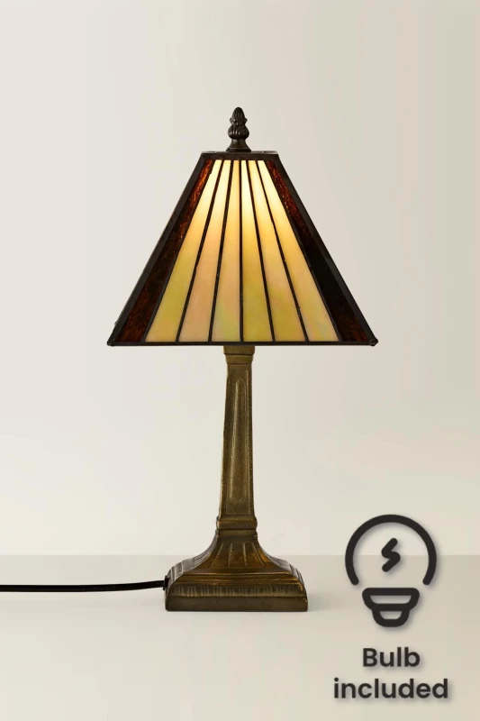 Image of ValueLights ValueLights Tiffany Traditional Stained Glass Antique Brass Table Lamp and Bulb in Amber Amber One Size Unisex 5059406034305