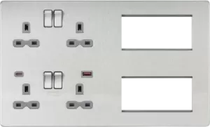 image of Screwless Combination Plate with Dual USB FASTCHARGE A+C - Brushed Chrome with grey insert 230V IP20