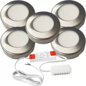 Image of 5x BRUSHED NICKEL Round Surface or Flush Under Cabinet Kitchen Light & Driver Kit - Warm White LED
