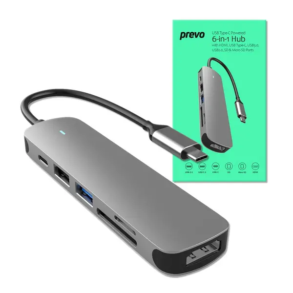 image of Prevo Prevo C605A USB Type-C 6-In-1 Hub Docking Station with HDMI, SD and TF Card Reader, USB 2.0, USB 3.0, USB-C, 4K HDMI, PC, Laptop, Tablets, iPad,