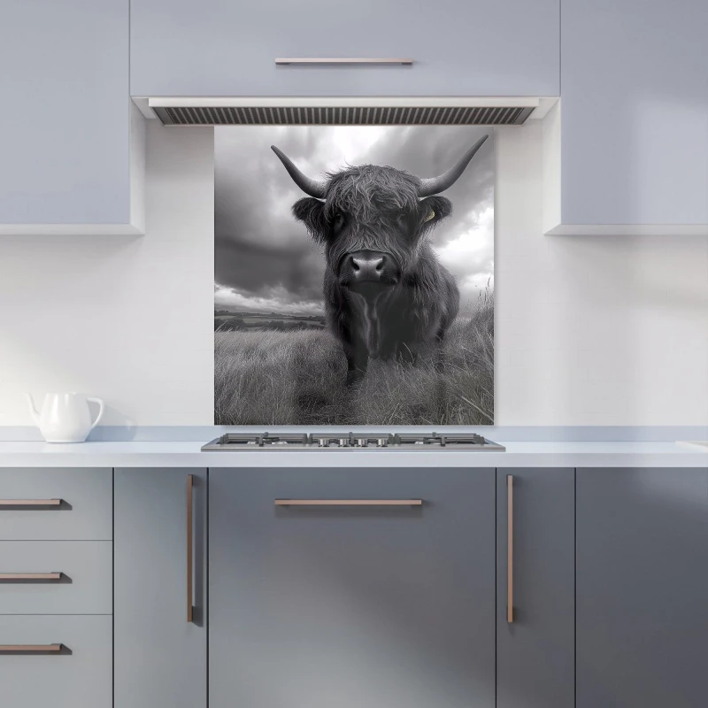 Image of Warren Reed - Designer Black & White Highland Cow Kitchen Splashback in Grey Size: 700mm x 650mm Grey Unisex 700mm x 650mm