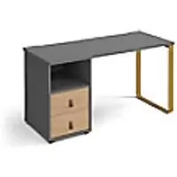 image of Rectangular Sleigh Frame Desk Onyx Grey Wood/Metal Sleigh Legs Brass Cairo 1400 x 600 x 730mm 2 Drawer Pedestal