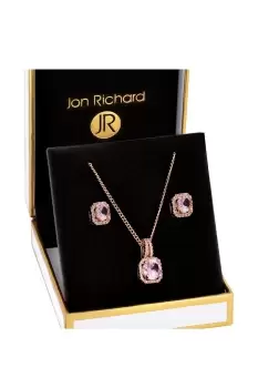 image of Pink Square Drop Pendant And Earring Set - Gift Boxed