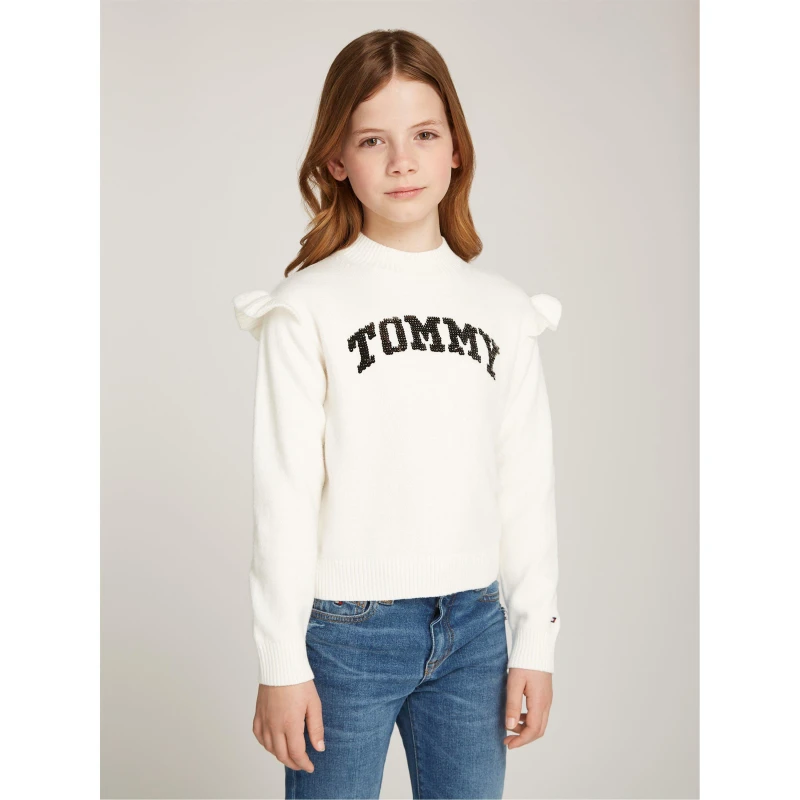 Image of Tommy Hilfiger Girls Tommy Reversible Sequin Logo Sweater - Cream, Size Age: 4 Years, Women Cream W1E2Z Female age: 4 YEARS