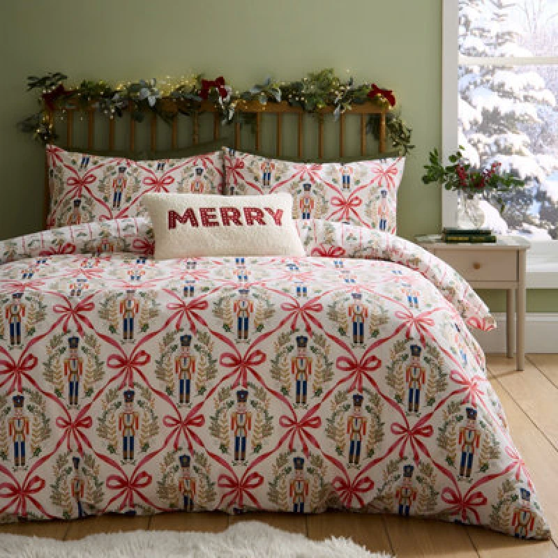 Image of Catherine Lansfield Christmas Nutcracker Bows Reversible Double Duvet Cover Set With Pillowcases Natural