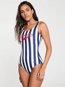 Image of Speedo Ice Cream Stripe Swimsuit - Navy/White, Size 28, Women