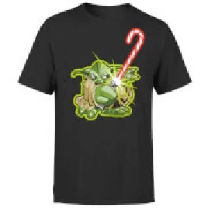 Image of Star Wars Christmas Candy Cane Yoda Black T-Shirt - L - Black