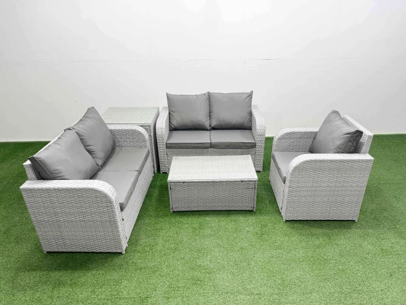 Image of Fimous High Back Poly Rattan Garden Furniture Set with Reclining Chair Loveseat Sofa Rectangular Coffee Table Indoor Outdoor Patio Set Side Table Lig