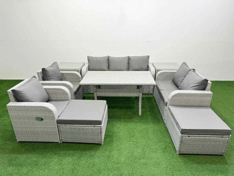 Image of Fimous PE Rattan Garden Furniture Set Reclining Chair Sofa Double Love Seat 2 Seater Sofa Lounge Set Rectangular Dining Table 2 Big Footstool 2 Side T