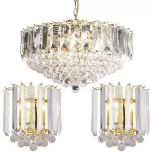 Image of 6 Lamp Ceiling & 2x Matching Wall Light Pack Large Brass Pendant Acrylic Shade