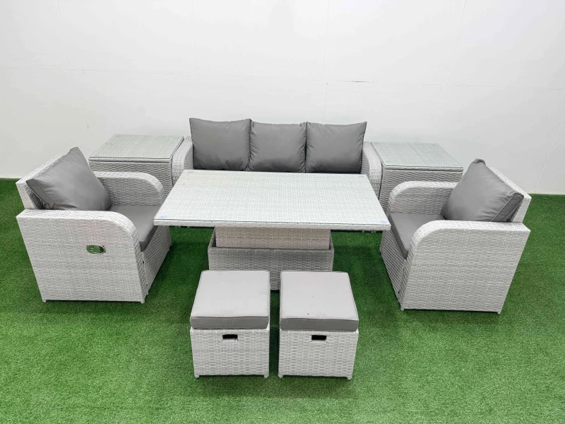 Image of Fimous PE Rattan Garden Furniture Set Reclining Chair Sofa Lounge Sofa Set Adjustable Lifting Dining or Coffee Table 2 Side Table 2 Small Stools Light
