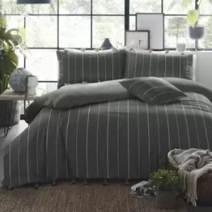 Image of Loft Delta Stripe 100% Cotton Percale Tasseled Duvet Cover Set, Slate, Single - Appletree