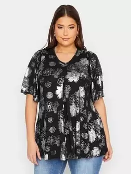 Image of Yours Foil Pleat Front Top, Black, Size 18, Women