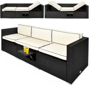 image of 2in1 Poly Rattan Garden Sofa/Sun Lounger Black/Cream 3 Segments