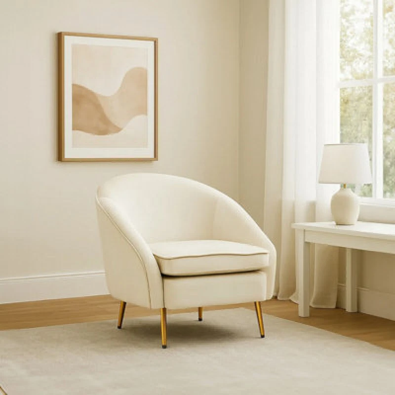 Image of Premier Housewares Beige Velvet Arm Chair, Luxury Velvet Upholstered Accent Chair, Comfortable Armchair for Home, Office White