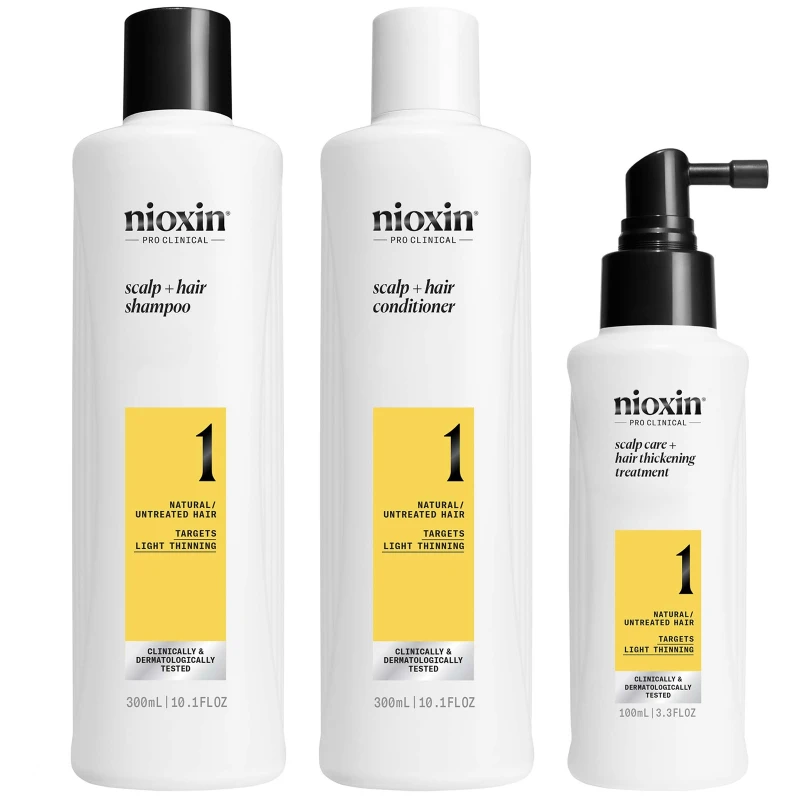 Image of Nioxin Scalp + Hair Thickening System 1 for Natural Hair with Light Thinning, Loyalty Kit Clear