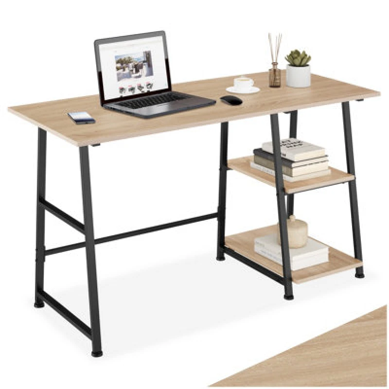 Image of Tectake Desk Paisley - Trapezoidal Frame, Shelf With 2 Storage Compartments 50 Cm - Industrial Wood Light, Oak Sonoma