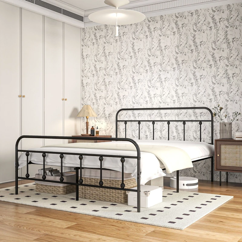 Image of HOMCOM 4ft Metal Double Platform Bed Frame w/ Underbed Storage Headboard White - Black TJ Hughes 5056725564520