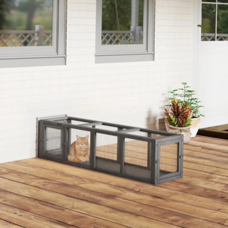 Image of Pawhut Outdoor Cat Tunnel, Wooden Extendable Pet Run, For Kitty, Puppy, Grey
