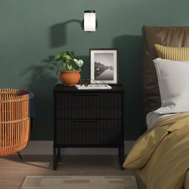Image of Ready Assembled 2 U Menai 2 Drawer Bedside (Ready Assembled) in Black Size: Small Black Unisex Small