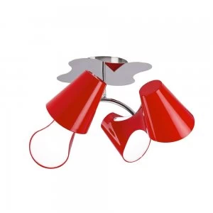 Image of Ceiling 2 Arm 4 Light E27, Gloss Red, White Acrylic, Polished Chrome