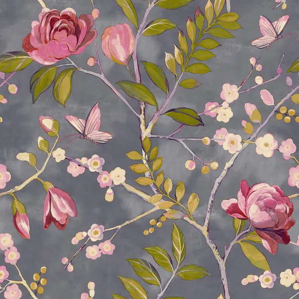 Grandeco Lola Painted Floral Trail Smooth Wallpaper Dark Grey