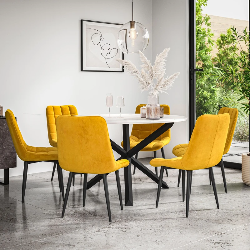 Image of More4Homes Malvern Round Dining Table And Chairs - Marble Table Top W Solid Black Oak Legs + Nova Velvet Dining Chair Set Of 6 (Mustard)