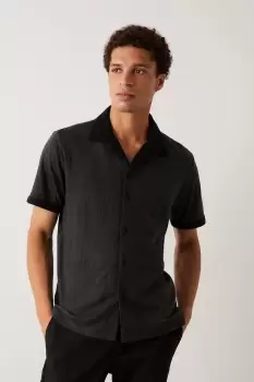 Mens Charcoal Short Sleeve Textured Johnny Collar Polo