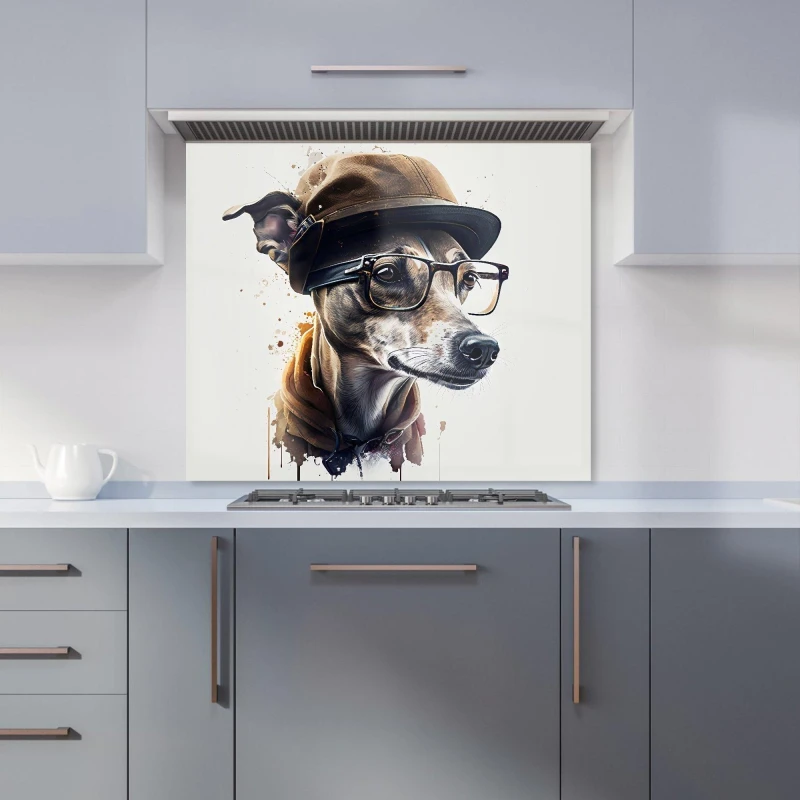Image of Warren Reed - Designer Whippet Dog With Glasses Splashart Kitchen Splashback Size: 600mm x 750mm Multicolor Unisex 600mm x 750mm
