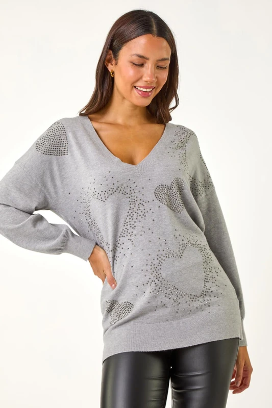 Image of Roman Womens V-Neck Heart Hotfix Detail Jumper in Light Grey Size: 18 Light Grey Female 18