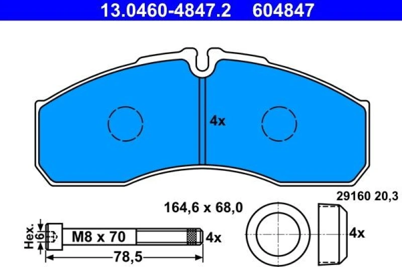 Image of ATE 13.0460-4847.2 Brake pad set excl. wear warning contact, with accessories, with brake caliper screws Brake Pad Set,disc brake (402)