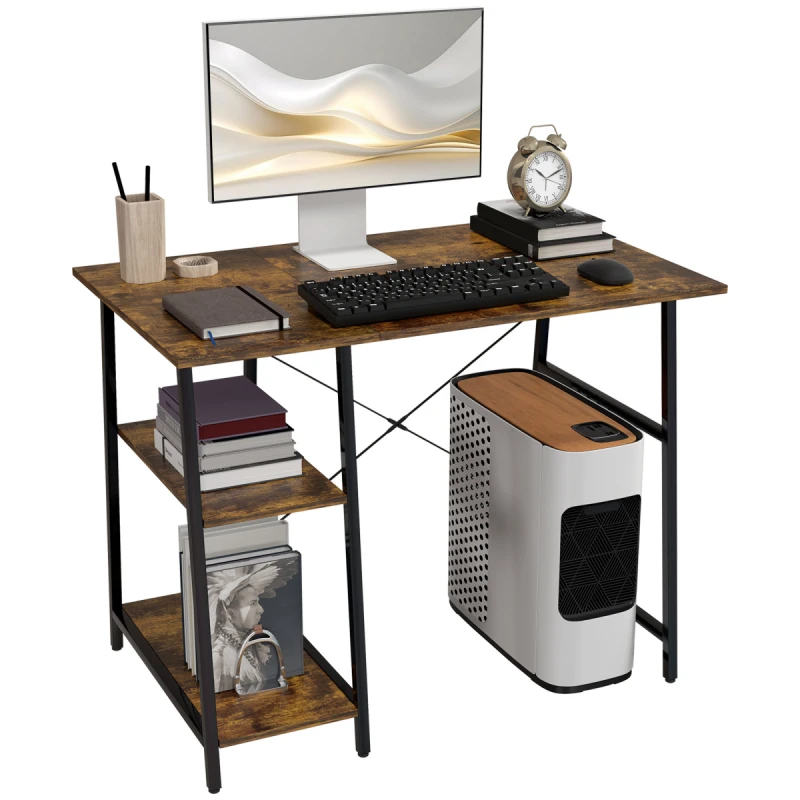 Image of HOMCOM HOMCOM 120cm Computer Table with Shelves and Steel Frame, Rustic Brown Size: Large Brown Large Unisex 5063603034723