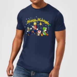 Image of Nintendo Super Mario Good Guys Happy Holidays Navy T-Shirt - L - Navy