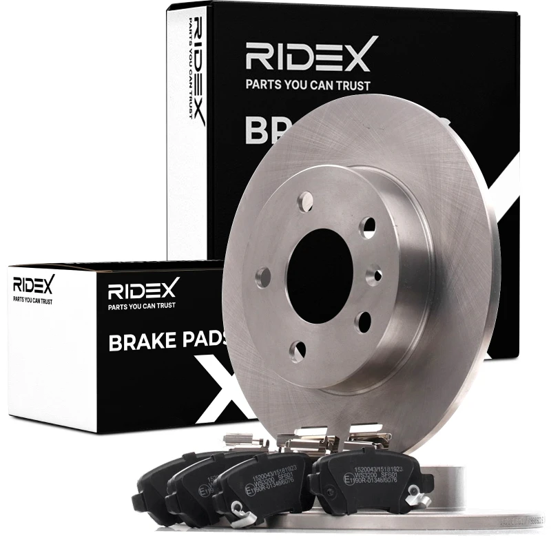 Image of RIDEX 3405B0456 Brake disc and pads set Rear Axle, Brake Disc Type: Solid, with acoustic wear warning, with clip Brake Set,disc brakes (3405)