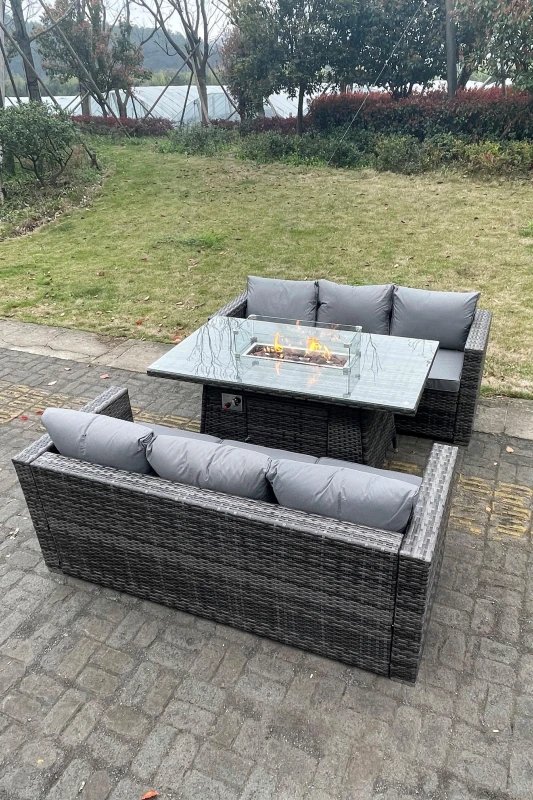 Image of Fimous 6 Seater Outdoor PE Rattan Garden Furniture Gas Fire Pit Dining Table Set Lounge Sofa 3 Seater Sofa Dark Grey