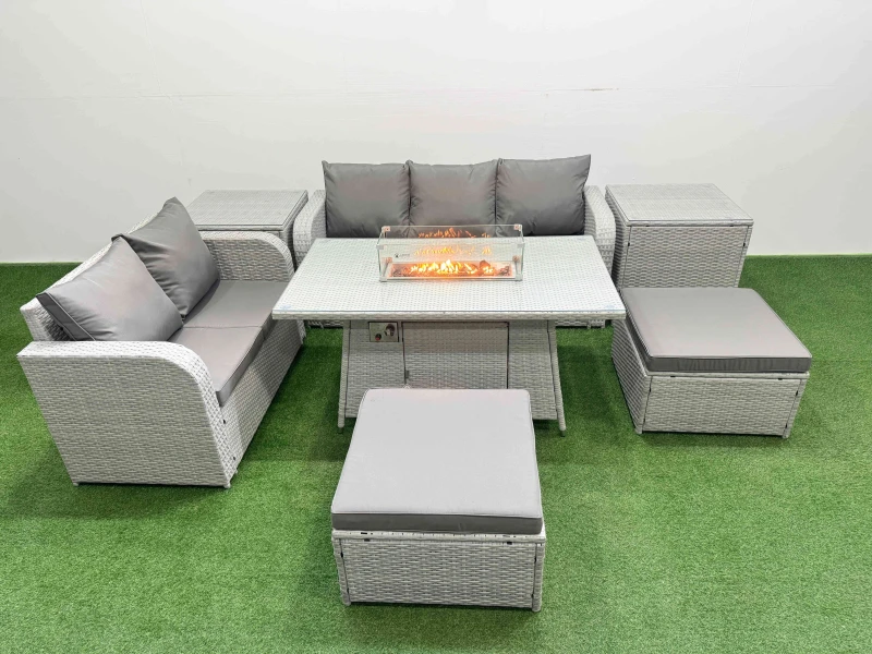 Image of Fimous 7 Seater PE Rattan Wicker Garden Furniture Patio Conservatory Sofa Set with Firepit Dining Table 3 Seater Sofa Love Sofa 2 Big Footstool 2 Side
