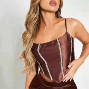 I Saw It First Diamante Satin Corset Top - Brown