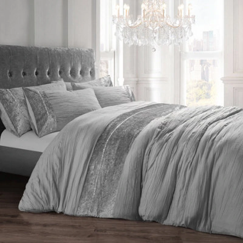 Image of Intimates Diamante Crushed Velvet Duvet Cover & Pillowcase Set in Silver Size: Double Silver Unisex Double