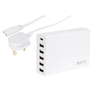 image of ATC 6 Port USB Charger with 5 x USB-A and 1 x USB-C Ports UK Plug