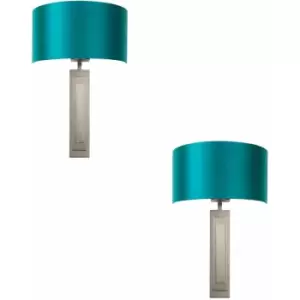 Image of 2 pack Brushed Bronze Plated Wall Light & Teal Satin Half Shade - 1 Bulb Lamp